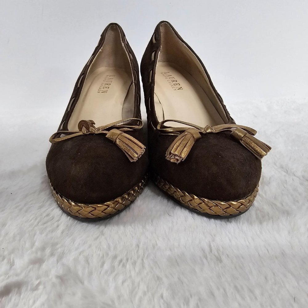 Lauren Ralph Lauren Cambree Chocolate Suede Gold Metallic Wedge Shoes Size 7 - Picture 4 of 16